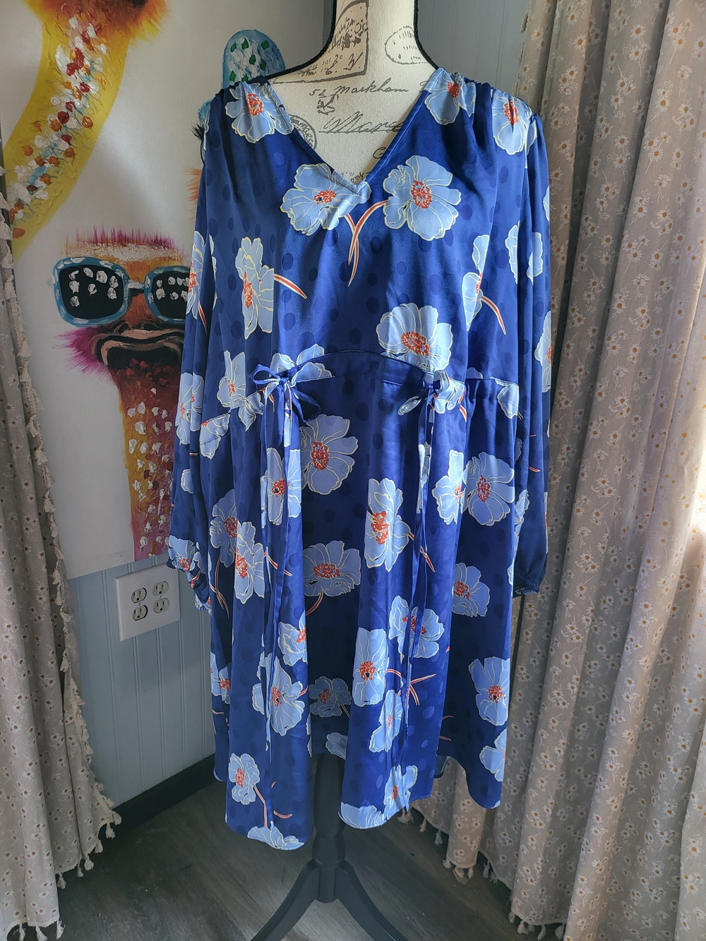 Draper James Kellie Babydoll Dress Blue Floral Dot Jacquard 3X